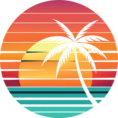 Minimal sunset with palm tree design artwork t-shirt on white background
