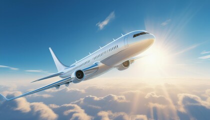 Naklejka premium Airplane flying in the air with sunlight shining in blue sky background. Travel journey and Wanderlust transportation concept. 3D illustration rendering