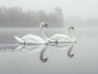 Obraz premium Two swans gliding through a foggy lake at dawn with reflections on the water