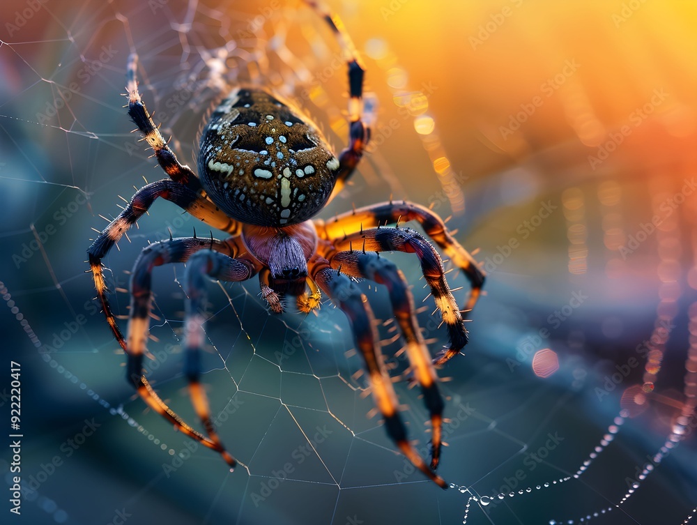 Aufkleber a close-up view of a colorful spider weaving its web at sunset in a natural setting