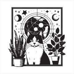 A cat and a plant in an illustrated frame  silhouette vector with white background