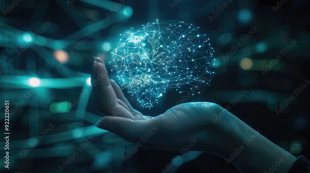 Poster close-up of an ai hand with a digital brain background, embodying advanced technology and future bus