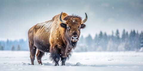 Majestic bison standing in a winter wonderland field, snow-covered landscape , bison, majestic, winter, wonderland, snow, field