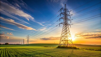 Transmission tower standing tall in a field, electricity, infrastructure, energy, power lines, structure, technology, metal