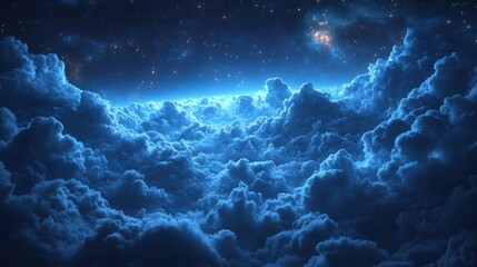 large and small clouds at night. The view is like being on top of the clouds. The light sees the stars.