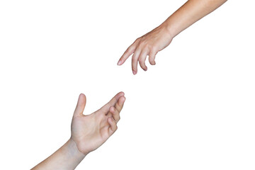 Female and male hands reaching toward each other extending a helping hand isolated on a white...