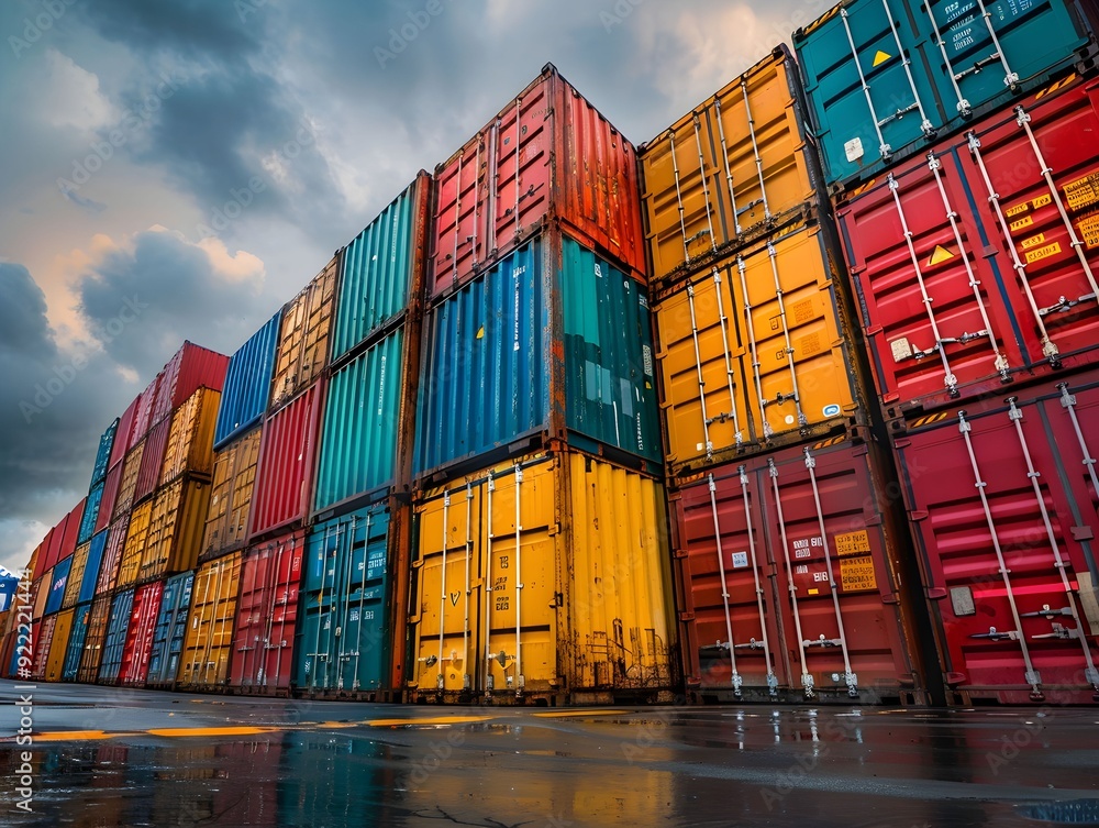Poster stacked shipping containers at a port during a cloudy evening
