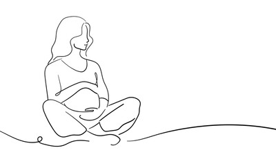 Woman enjoying maternity leave and motherhood continuous line art drawing isolated on white background. Pregancy woman. Vector illustration