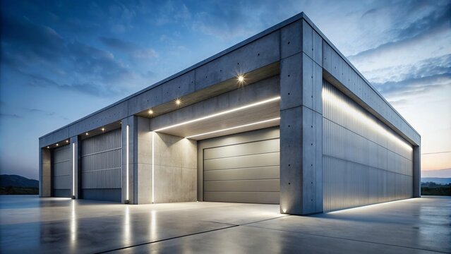 Futuristic concrete building with garage and LED lights at night, futuristic, concrete, construction, abstract