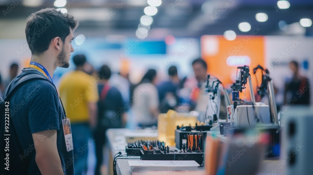 Poster A young man looks attentively at technology displays while attending a busy trade show filled with visitors.