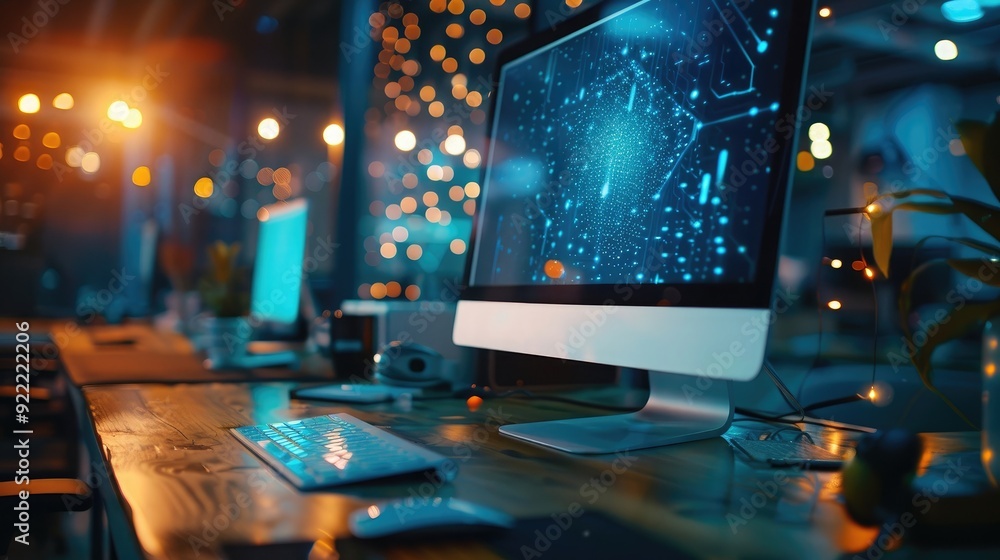 Poster computer on a desk with a internet business technology concept background, generative ai