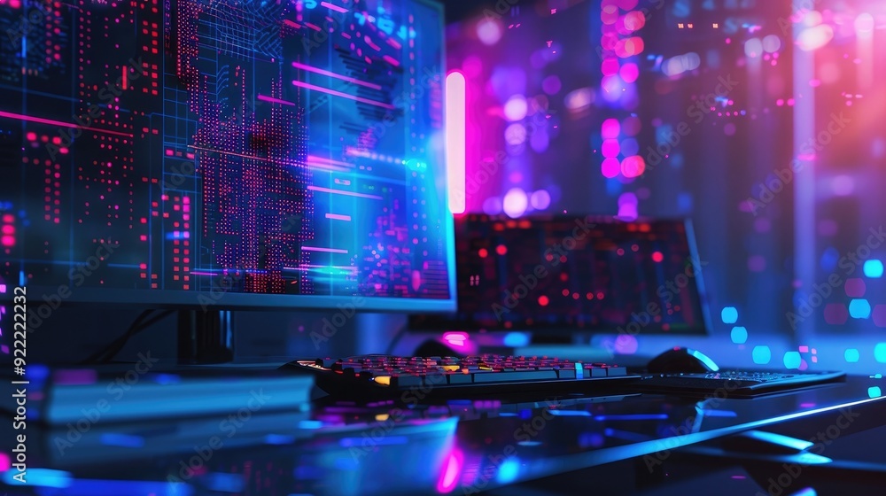 Poster computer on a desk with a internet business technology concept background, generative ai