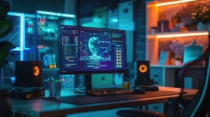 Computer on a desk with a internet business technology concept background, generative AI