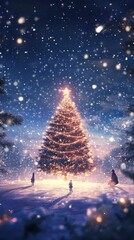 Enchanting Winter Wonderland Celebration: Anime-Style Heroes Triumph in Snowy Landscape with Fireworks and Christmas Magic. 4K AI-Generated Artwork for Creative Marketing, Game Design, and Festive Ill