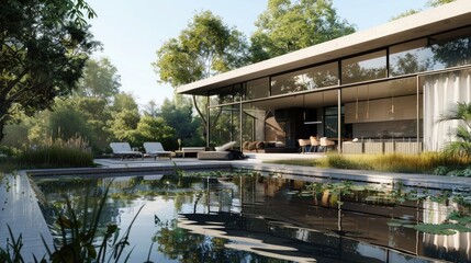 Fototapeta premium Contemporary villa with pool and garden in a sunny day, generative ai