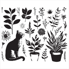 A cat and a plant in an illustrated frame  silhouette vector with white background
