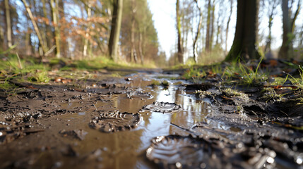 Fototapeta premium Footprints in the mud on a hiking trail in a lush green forest, hinting at recent exploration. 
