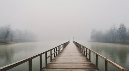 Fototapeta premium wooden bridge in fog. Genrative.ai