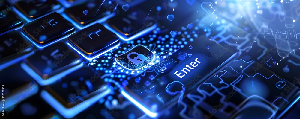Poster glowing keyboard with lock icon and enter key