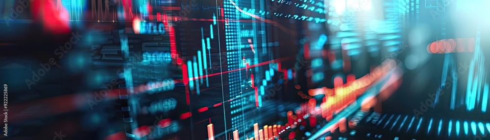 Poster abstract financial chart with data visualization featuring graphs, lines, and digital elements in vi