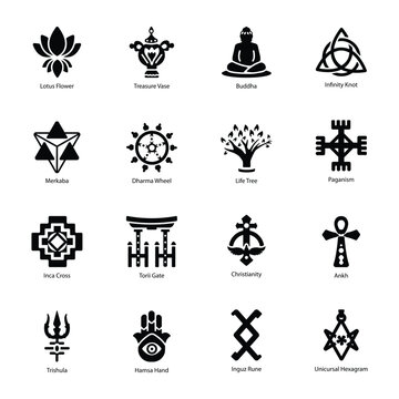 Collection of Buddhist Symbols Glyph Icons

