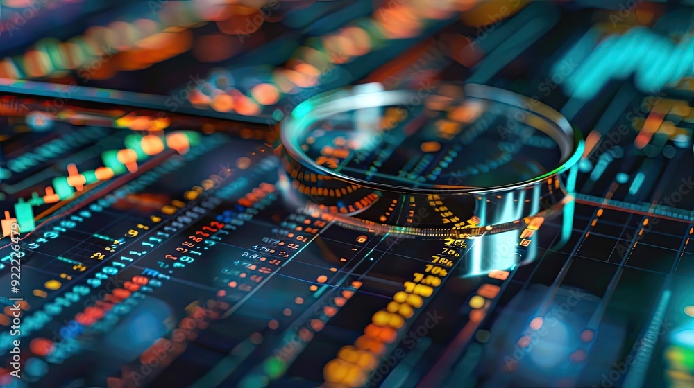 Poster close-up of a magnifying glass over a colorful digital graph, symbolizing data analysis and research