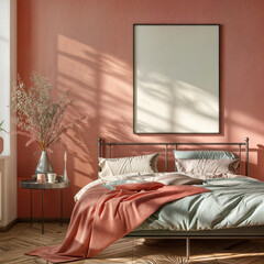 Mockup picture frame in a light cozy, modern minimalist bedroom interior, square frame for mockup,  from the side of bed, colors light green light red