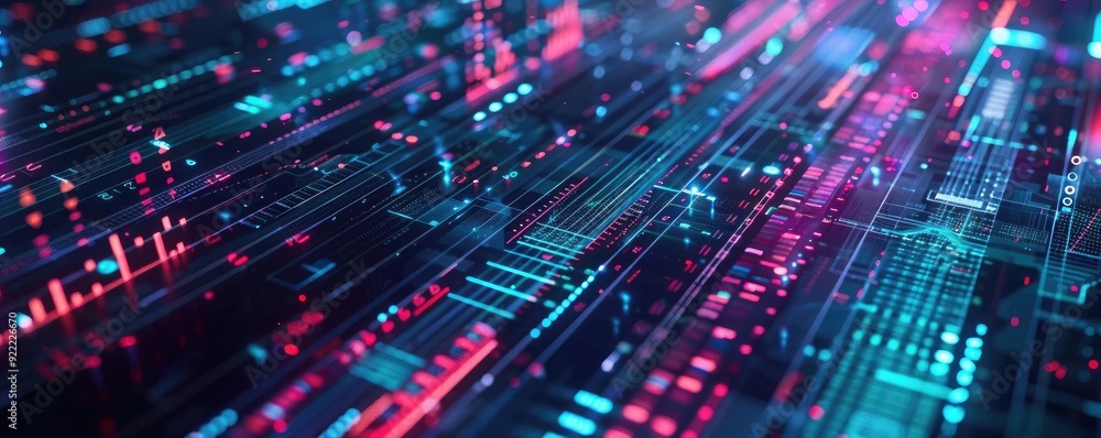 Poster futuristic digital landscape with vibrant neon lights representing technology and data flow in a cyb