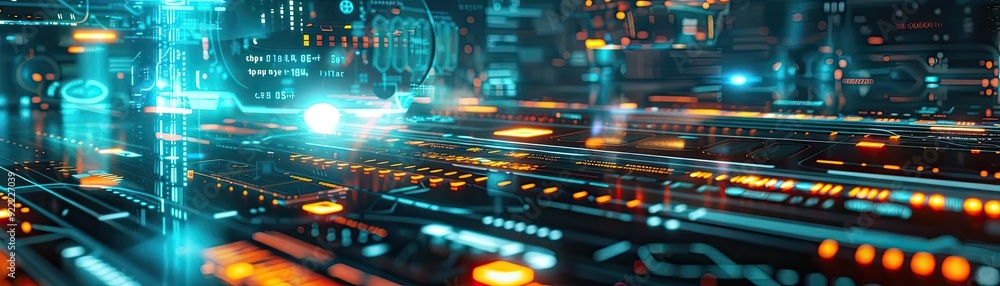 Poster futuristic digital landscape with vibrant lights and intricate patterns, showcasing advanced technol