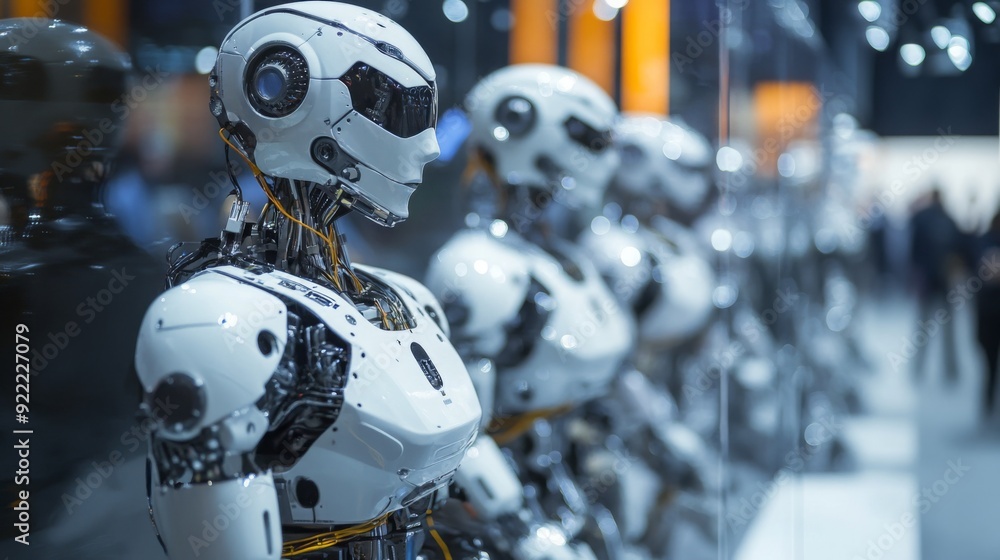 Poster Advanced humanoid robots are showcased in a well-lit convention center, highlighting innovations in robotics.