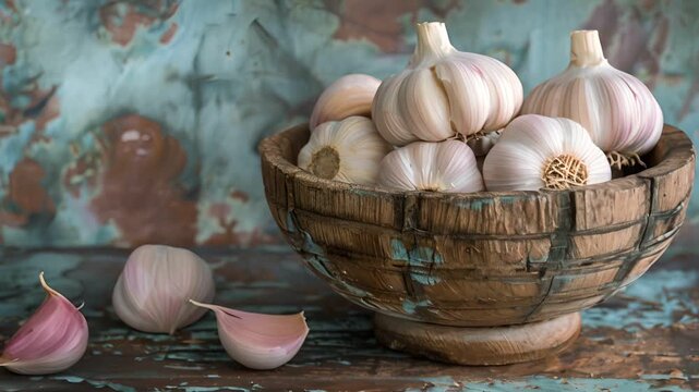 A bowl of fresh garlic cloves on a rustic wooden table.