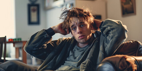 A young man sits on a couch with a tired expression on his face. His disheveled hair and casual attire suggest a sense of weariness or disarray.. caucasian man