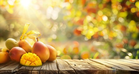 Ripe mangoes on a wooden table with a bokeh background.