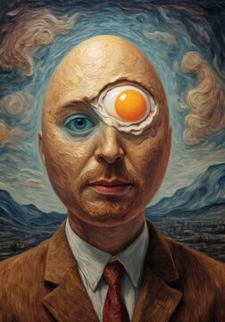Portrait of Mr. Eggman with broken heart, posing against the backdrop of the town. Beautiful artistic oil painting.
