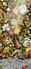 Pizza hand drawn doodle banner. Cartoon vector detailed flyer.