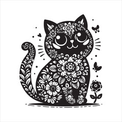 A cat and a plant in an illustrated frame  silhouette vector with white background