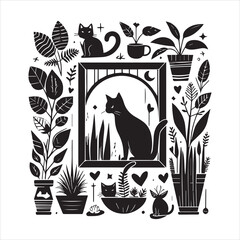 A cat and a plant in an illustrated frame  silhouette vector with white background