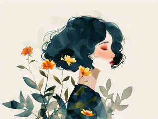 Illustration, woman with flowers