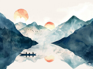 Illustration, landscape with mountains and clouds