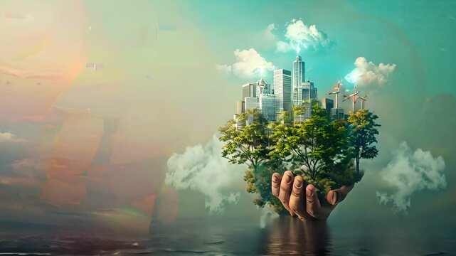 A hand holds a floating city surrounded by green trees and clouds, symbolizing environmental harmony and sustainable urban development.