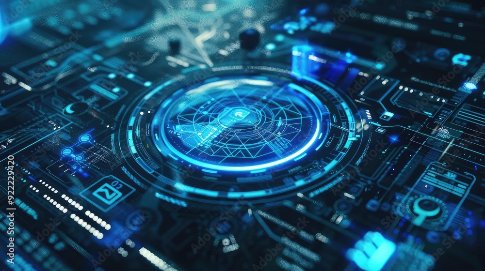 Poster futuristic digital interface with glowing blue elements and intricate circuitry, perfect for technol