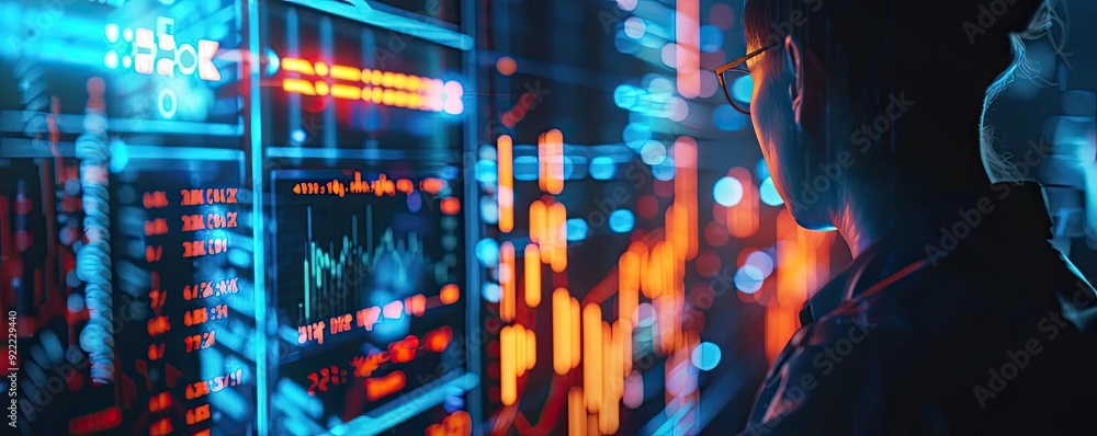 Poster a focused individual analyzing digital data on a screen, showcasing vibrant colors and advanced tech