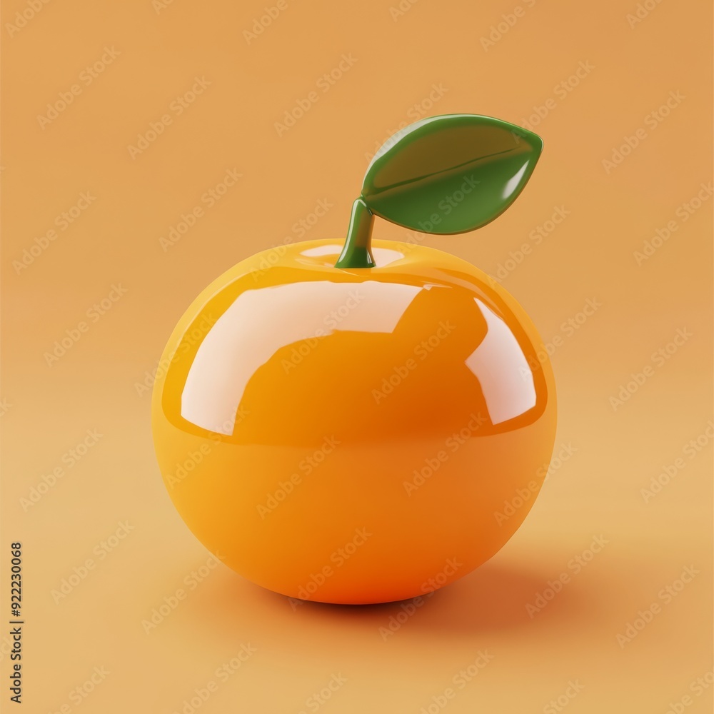 Poster this vibrant 3d rendering features a glossy orange fruit with a green leaf against a warm orange bac