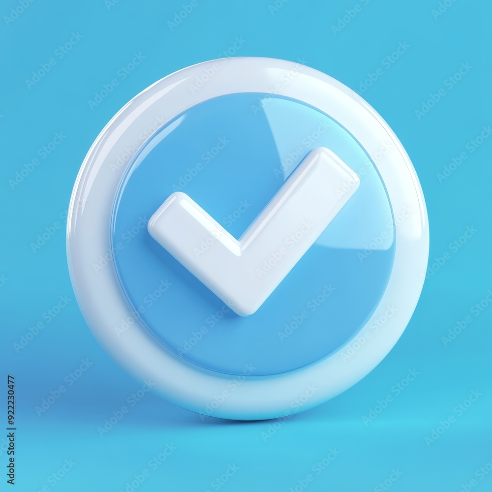 Poster a glossy blue checkmark on a turquoise background represents approval and validation, ideal for digi