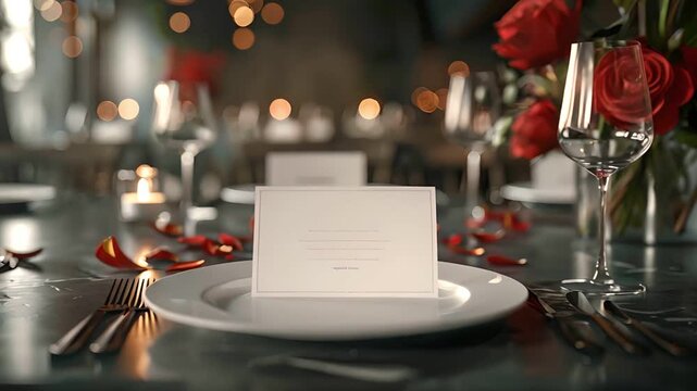 fine dining table setting of luxury fancy restaurant menu invitation card mockup for weddings and romantic eating event decoration as wide banner with empty black copy space