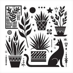 Print A cat and a plant in an illustrated frame  silhouette vector with white background