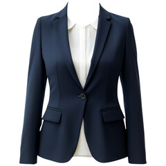 Dark blue women’s business jacket with white shirt, ideal for professional ID or document photos with transparent background clipart