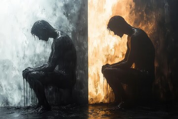 dramatic diptych anguished figure crying out in shadowy despair juxtaposed with serene praying silhouette bathed in radiant light