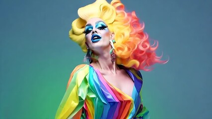 Fictional Drag Queen posing: Man dressed up as a woman on vibrantly coloured background, performance art, concept for coming out day, lgbt history month, lgbtqa+ history month or pride history month - Powered by Adobe