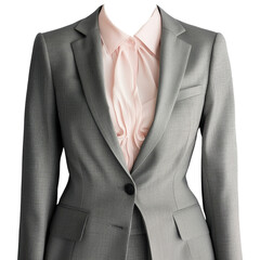 Light gray women’s business suit jacket with pink blouse for formal photos or ID documents with transparent background clipart